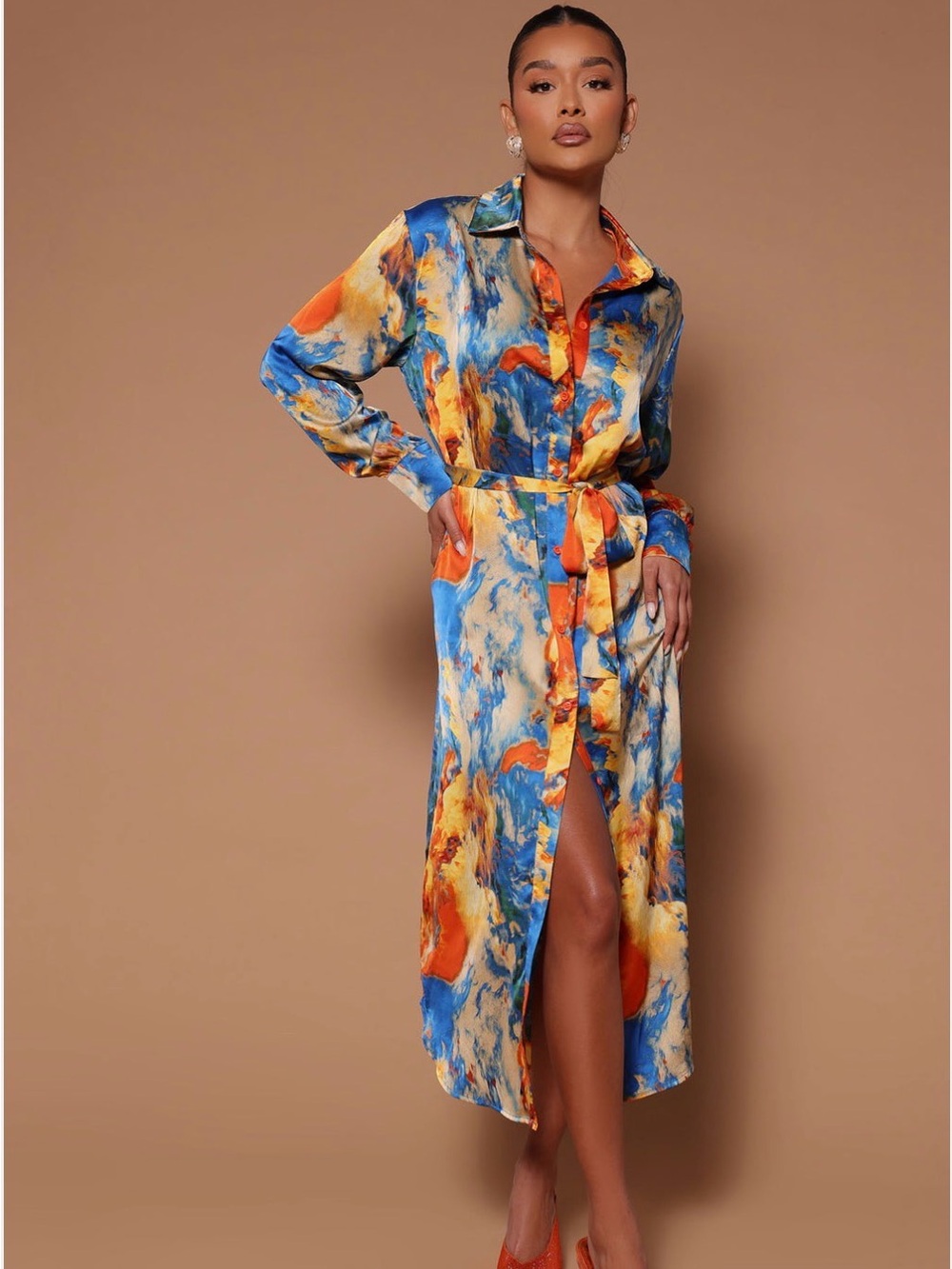 Silky Marble-Print Button-Front  Dress in Blue & Orange